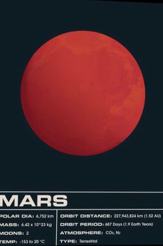 the poster for mars is shown in black and red