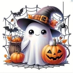 a white ghost with a black hat and pumpkins