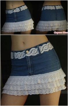 three pictures of a woman's skirt with white lace on the bottom and bottom