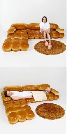 a woman sitting on top of a giant couch made out of doughnuts in different positions