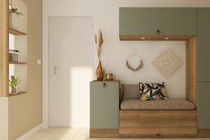 a living room filled with furniture and lots of shelves on top of each side of the wall