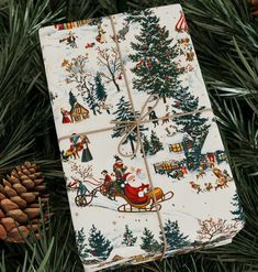 a wrapped present sitting on top of a christmas tree next to pinecone cones