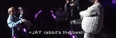 two people standing in front of microphones on stage with the words jay rabbit's the best?