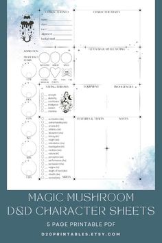 the magic mushroom character sheet is shown in blue and white with text overlaying it