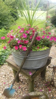 a potted plant sitting on top of a wooden bench next to a watering can