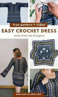 Learn how to crochet a trendy hexagon dress inspired by Taylor Swift with this free pattern from Make and Do Crew. This swiftie crochet mini dress is crafted from granny stitch hexagons. With cozy, squishie stitches and long bell sleeves, this dress will keep you warm and stylish all fall and winter. Visit the blog for the free crochet dress pattern and follow along with the video tutorials. | Crochet Clothing and Accessories