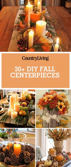 a collage of photos with candles and fall decorations on the centerpieces in front of them