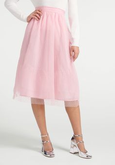 With a hint of Old Hollywood glam, this vintage-inspired pink skirt will take you through the holidays in style and go on to become a year-round favorite. Beginning with a gathered, high-waisted skirt made from a stretchy cotton-blend weave that’s generously draped in a swiss dot flocked tulle overlay, this tutu-inspired A-line skirt boast a high-rise waistband with side zip closure and finishes just below the knee with a sheer tulle hemline. 95% Cotton, 5% Spandex Imported Model Measurements: H Pink Heart Skirt Midi, Cheap Feminine Pink Skirt, College Skirt, Designer Plus Size Clothing, Rainbow Skirt, Mix Match Outfits, Gingham Skirt, Rainbow Outfit, Old Hollywood Glam