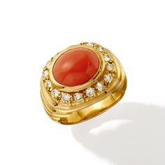 Ross-Simons - C. 1980 Vintage Red Coral Ring, .80ct t. w. Diamonds in 18kt Yellow Gold. Size 5.5. C. 1980. Bold color and classic sparkle come together in this captivating Estate collection ring. At the center, a glossy 12x9mm oval red coral cabochon catches the eye, as .80 ct. t. w. round brilliant-cut diamonds form a bright, beautiful border. Set in polished 18kt yellow gold. 5/8" wide. Diamond and red coral ring. Exclusive, one-of-a-kind Estate Jewelry. Red Coral Ring, Coral Ring, Bold Color, Red Coral, Round Brilliant Cut Diamond, Estate Jewelry, Round Brilliant, Bold Colors, Jewelry Rings