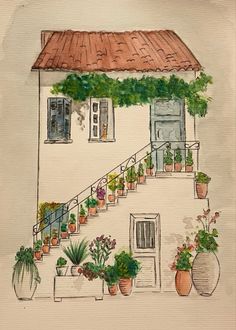 a painting of a house with potted plants on the front and stairs leading up to it