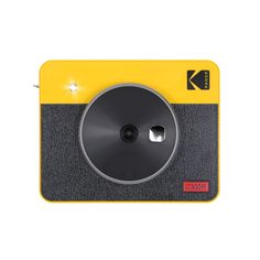 a yellow and black camera on a white background with the lens facing up to it's left side