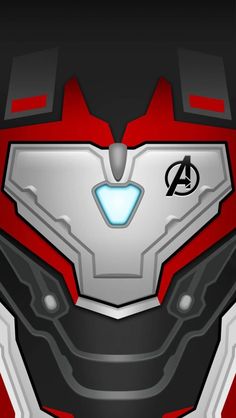 an iron man helmet is shown in red and grey colors, with the avengers logo on it