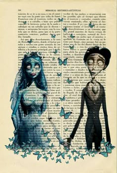 an image of a man and woman holding hands with butterflies flying around them on top of a book page