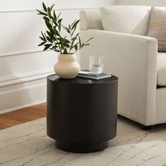 a white couch sitting next to a table with a vase on it and a plant in the middle