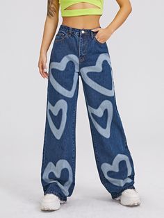 Wide Leg Jeans with Heart Print #fresh #pomonaandpeach #boho #BohoChic #fashion #NewArrivals #popular Jeans Inspiration, Embroidered Converse, Fashion Trousers, Lotus Painting, Pop Bubble, Long Jeans, Printed Jeans, Trouser Style, Printed Denim