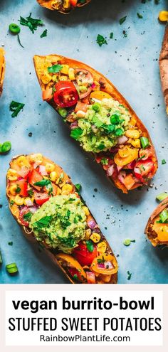 vegan burrito - bowl stuffed sweet potatoes with guacamole