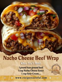 two burritos with cheese, onions and tomatoes on them are shown in this advertisement