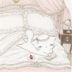 a drawing of a white cat laying on top of a bed next to a pillow