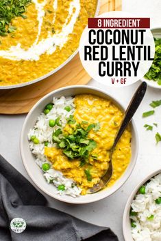 two bowls filled with coconut red lentil curry next to rice and green garnish