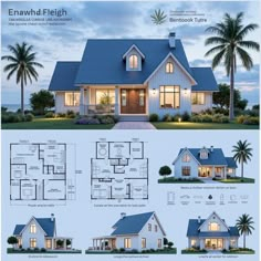 two story house plans with blue roof and palm trees in the front, side and back views