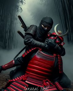 two people dressed as ninjas hugging in the woods