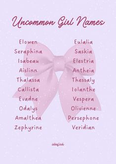 a pink bow with the words uncommon girl names written in different languages on it's side