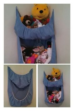 three pictures of stuffed animals in a baby crib with the top open and bottom closed