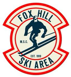 the logo for fox hill ski area is red, white and blue with an image of a man on skis