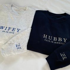 Unisex hoodie and sweatshirt Wifey Hubby embroidered design, anniversary date , wedding custom date.  * Fabric 80% Ringspun cotton, 20% Polyester. * Weight 280gsm. * Size XS 34" S 36" M 40" L 44" XL 48"  * Soft cotton faced fabric. * Brushed back fleece. * Drop shoulder style. * Fashion fit. * Ribbed collar, cuffs and hem. * Taped neck. * Twin needle stitching. The simple and stylish hoodie/ sweatshirt. Made from cotton faced fabric , it is an essential for any hoodie lover. Twin-needle stitchin Matching Sweaters For Couples, Matching Sweatshirts For Couples, Matching Couple Sweatshirts, Couple Sweatshirts, Sweater Couple, Hoodie Couple, Wedding Honeymoon, Matching Sweaters