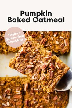 pumpkin baked oatmeal is cut into squares and placed on top of each other