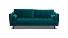 a teal colored couch with wooden legs and arms on an isolated white background,