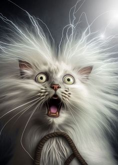 a white cat with its mouth open and it's tongue out, holding a rope