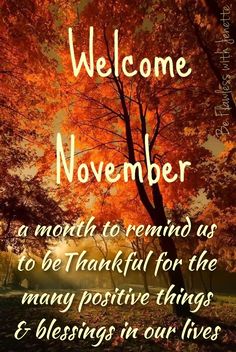 an autumn scene with the words welcome november