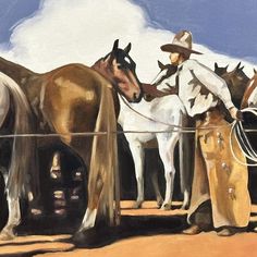 a painting of two horses and a man with a lasso in front of them