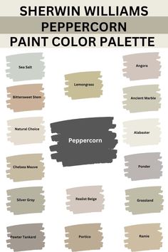 sherylin williams's peppercorn paint color palette is shown in different shades