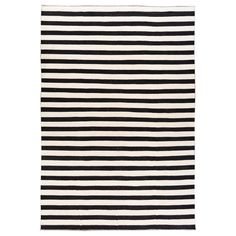 a black and white rug with horizontal stripes