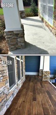 before and after photos of a front porch with wood flooring in the process of being installed