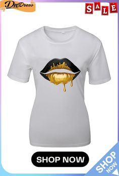 White Fashion Street Lips Printed Split Joint O Neck T-shirts Gold T-shirt With Letter Print For Summer, Trendy Gold T-shirt For Summer, Trendy Gold Summer T-shirt, Gold Casual T-shirt With Letter Print, Fashion Print Crew Neck T-shirt For Streetwear, Gold Graphic Tee For Streetwear, Gold Graphic Tee With Letter Print, Trendy Gold Crew Neck T-shirt, Gold Letter Print Tops For Summer