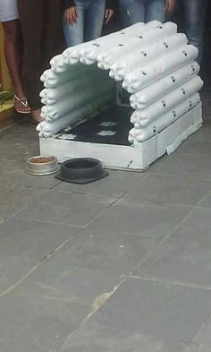 a dog is laying on the ground in front of a white structure that has been made out of pipes