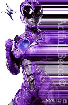 the purple ranger is standing with his hands in his pockets and holding a cell phone