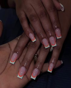 Classy Nails Summer 2024, Summer Nails Pink And Orange French Tips, Basic Summer Acrylic Nails, Shortie Nails Black Women, Acrylic Nails For Darker Skin Tones, Short French Tip Acrylic Nails Color, Short Acrylic Nails Summer 2024, Orange French Tip Toes, Short Nails For Black Women