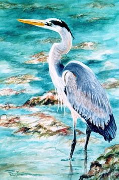 a painting of a bird standing in the water