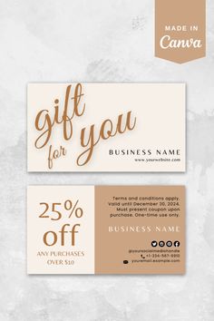 two business cards with the words gift for you and 25 % off on each card