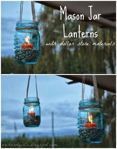 two mason jar lanterns hanging from strings with the words search on them, and an image of