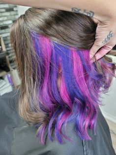 Multicolor Peekaboo Hair, Pink Purple Peekaboo Hair, Pink And Purple Peak A Boo Hair, Peekaboo Hair Color Layers, Peekaboo Hair Color Shoulder Length, Peak A Boo Hair