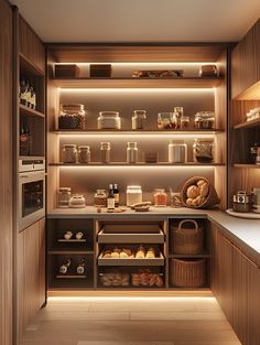 a kitchen filled with lots of food and cooking utensils on top of wooden shelves