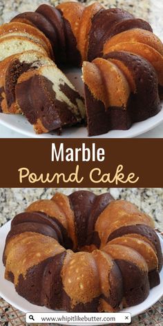 marble pound cake on a white plate with chocolate glaze and the bundt cake is cut in half