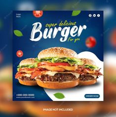 a burger flyer with two hamburgers and lettuce on the side, in front of a blurry background