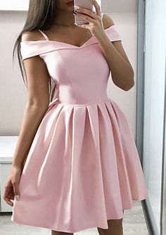 A-line Off Shoulder V-neck Pink Satin Short Mini Homecoming Dress - Princessly Satin Prom Dress Short, Simple Spaghetti, Simple Homecoming Dresses, Custom Made Prom Dress, Short Graduation Dresses, Cheap Homecoming Dresses, Evening Party Gowns, Satin Short, Cocktail Gowns