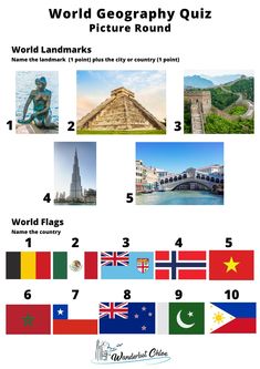 the world's most famous places and their flags are shown in this quiz game